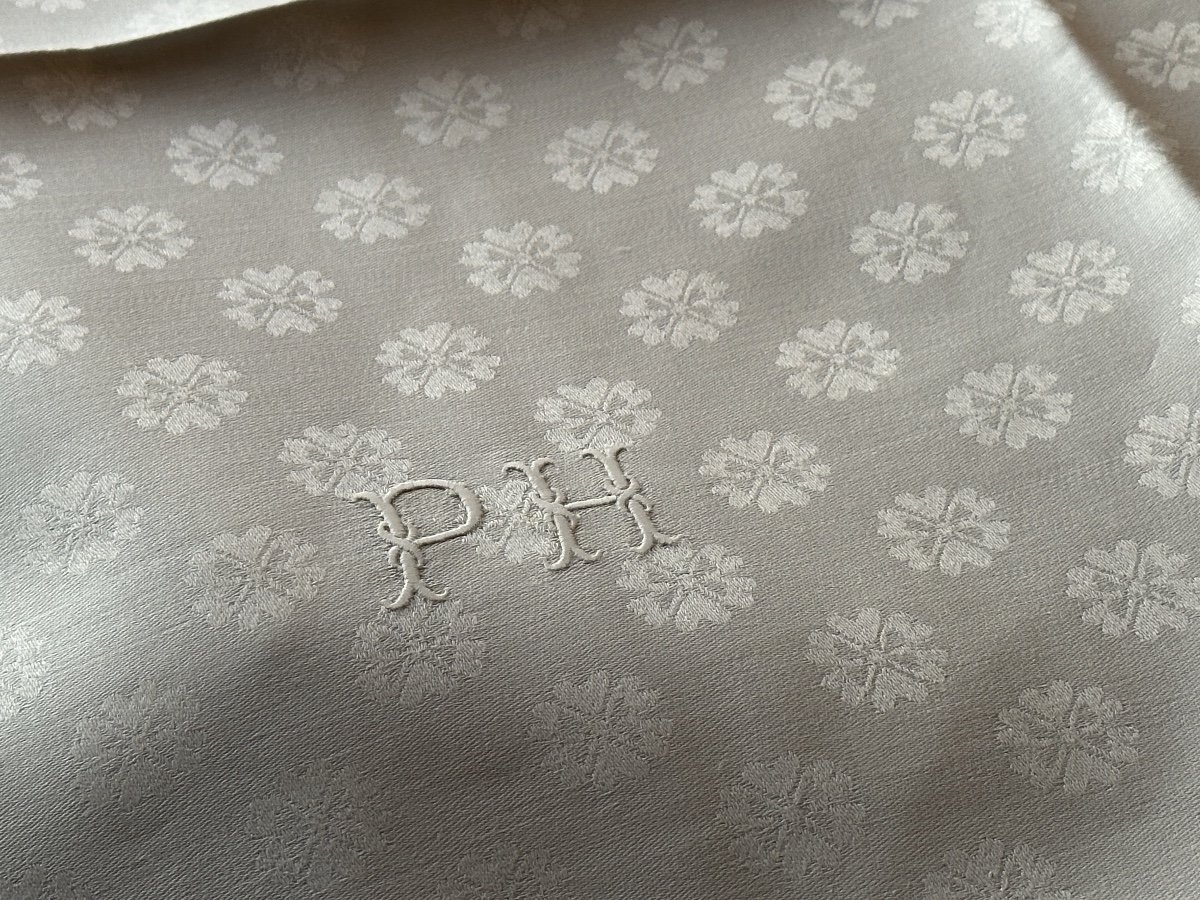 8 Somptueuses Serviettes Anciennes XIXème 95x78 Monogramme Raffiné Ph Damas Fleurs Soie-photo-4