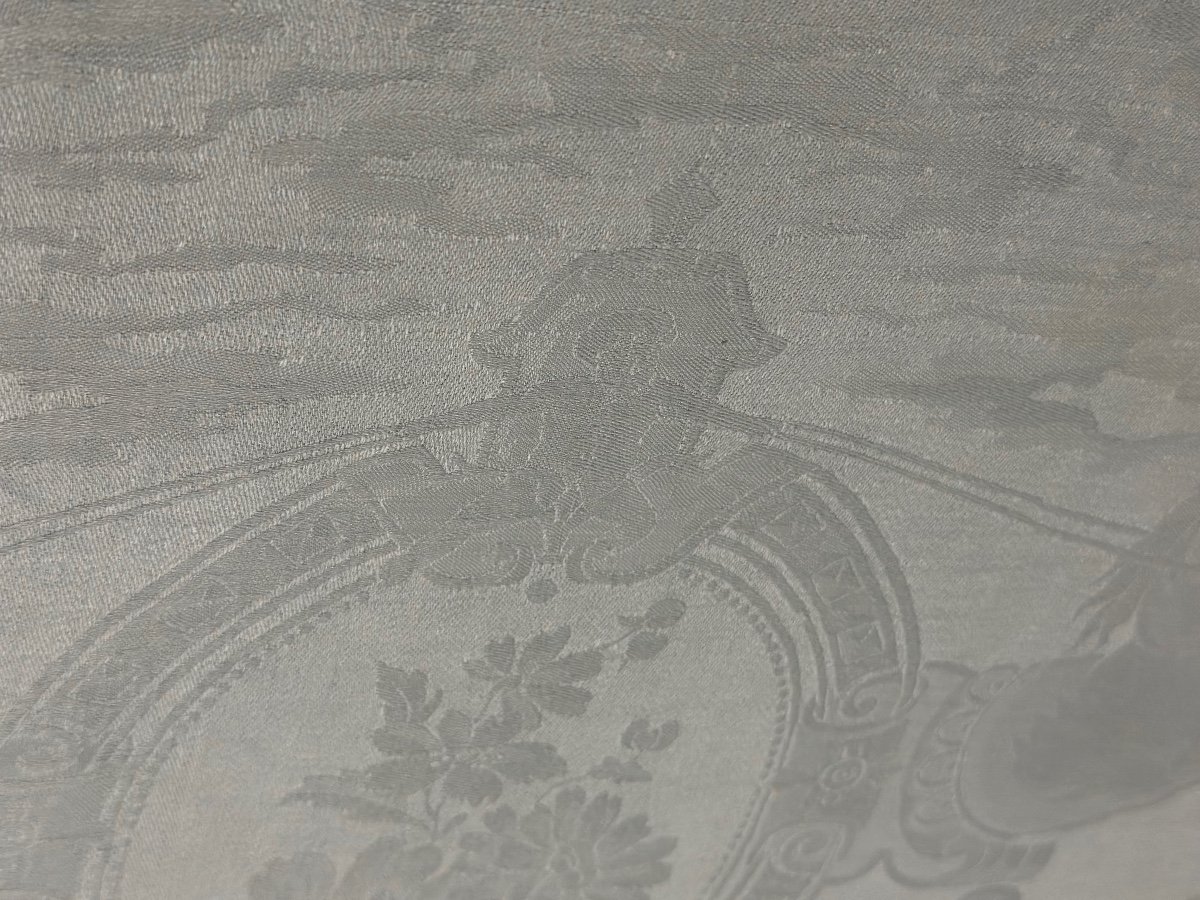 Service Ancien Nappe Et 10 Serviettes, Fil De Lin, Damas Dėcor Angelots Chevaux, Monogramme Lp-photo-2