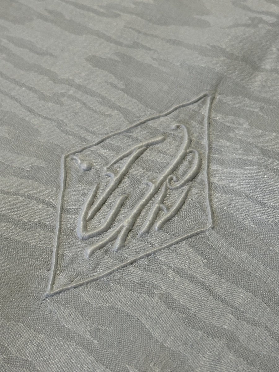 Service Ancien Nappe Et 10 Serviettes, Fil De Lin, Damas Dėcor Angelots Chevaux, Monogramme Lp-photo-1