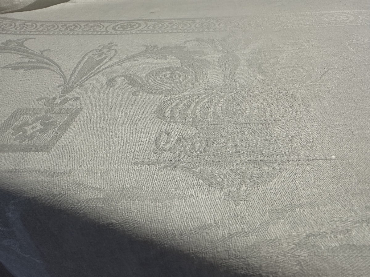 Service Ancien Nappe Et 10 Serviettes, Fil De Lin, Damas Dėcor Angelots Chevaux, Monogramme Lp-photo-5