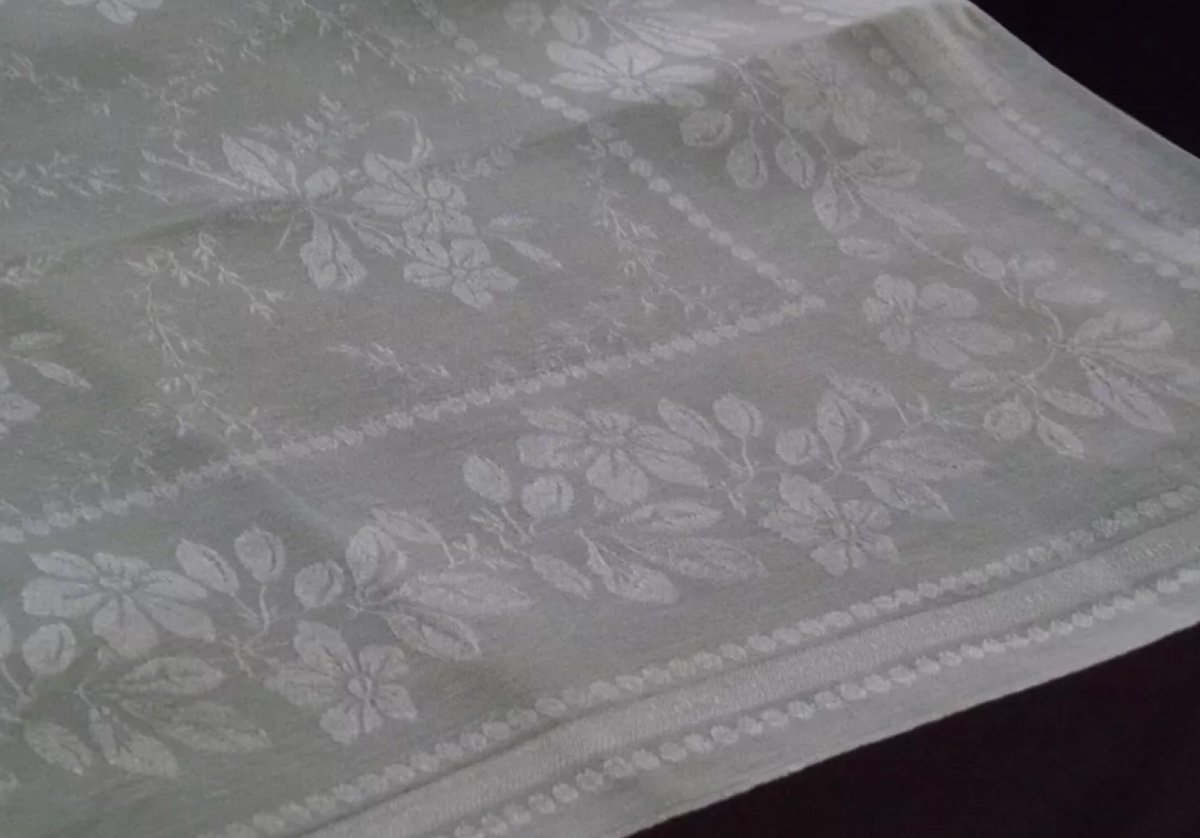 11 Antique Table Napkins, Early 20th Century Floral Damask Linen And Silk, 80x65 Coat Of Arms Embroidery-photo-8