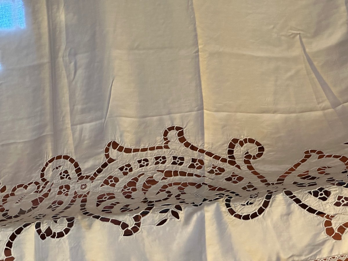 Pair Of Antique Richelieu Curtains In Beige Silk 248x138 Cm 19th Century -photo-2