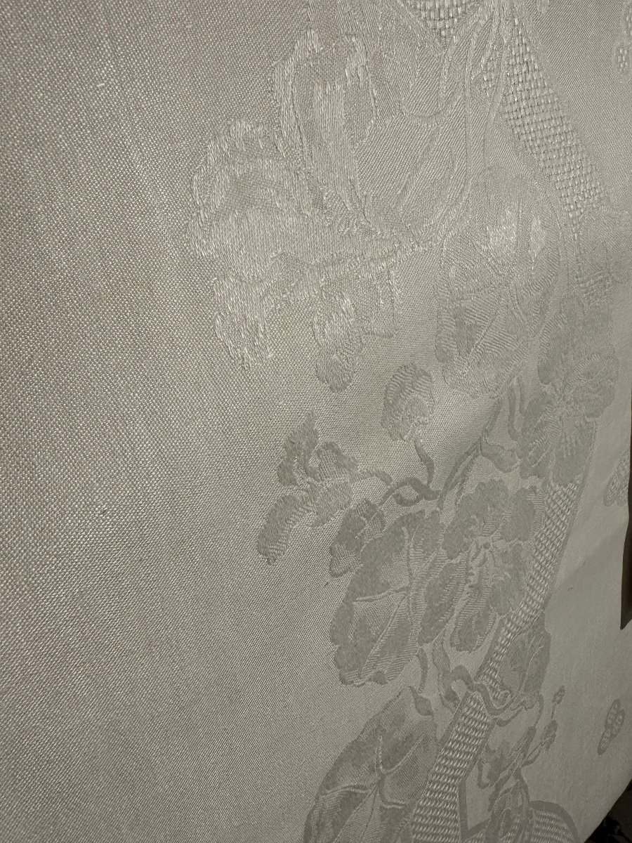 Old Table Service Pure Linen Tablecloth 12 Napkins Embroidery Coat Of Arms Monogram Old New Condition-photo-7