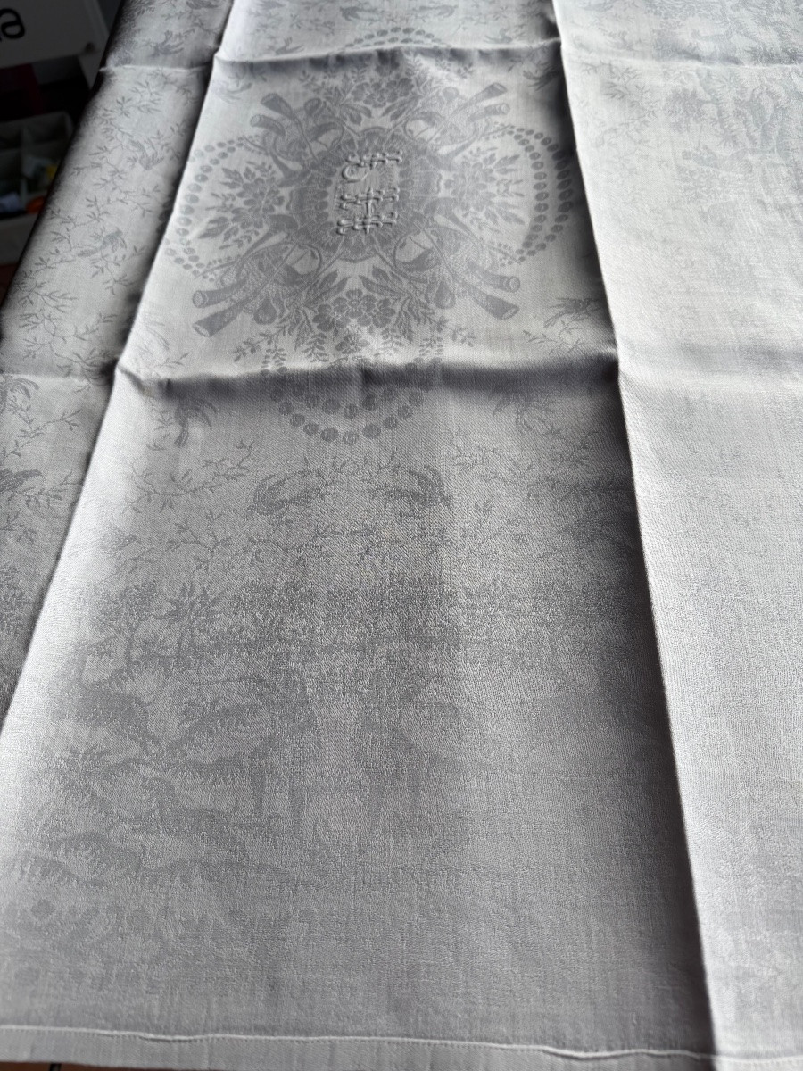 9 Large Antique Linen Thread Napkins, Damask Hunting Monogram Lh Circa 1880-photo-2