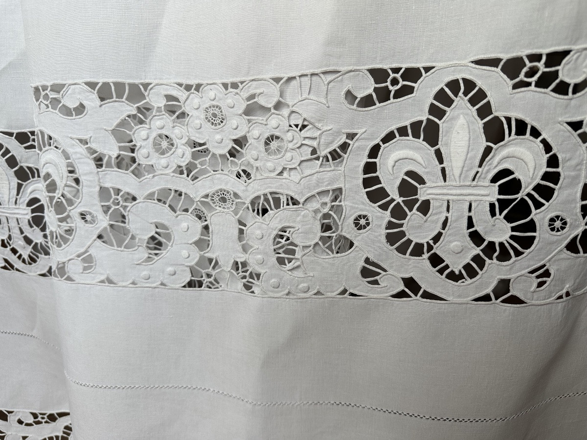 Antique Luxury Sheet – Richelieu With Fleur-de-lys – Frosted White Linen – 240 X 360 Cm-photo-8