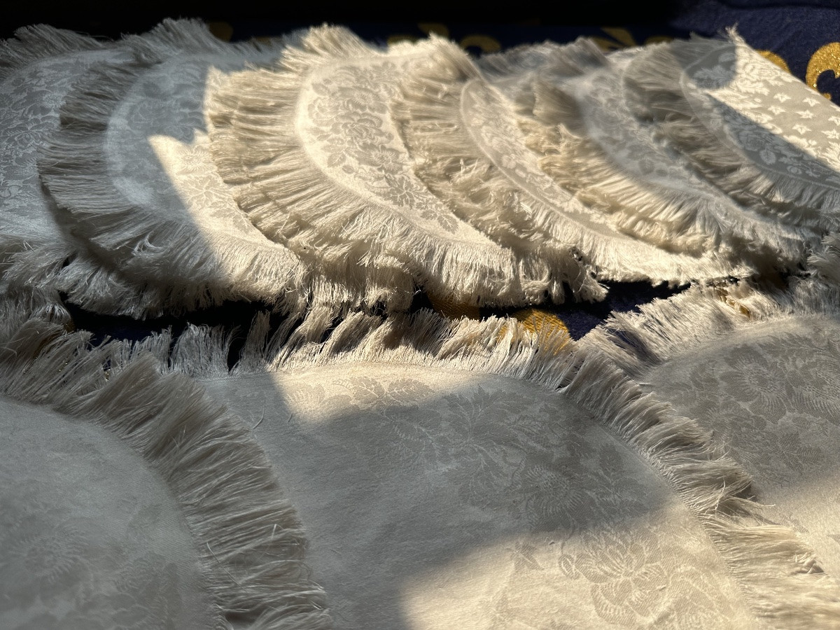 11 serviettes anciennes ovale damas lin & soie, floral, franges,fin XIXe,29x37 broderie offerte-photo-2