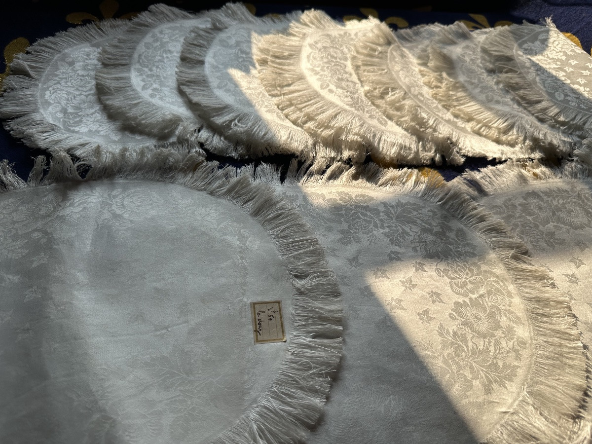 11 serviettes anciennes ovale damas lin & soie, floral, franges,fin XIXe,29x37 broderie offerte-photo-3