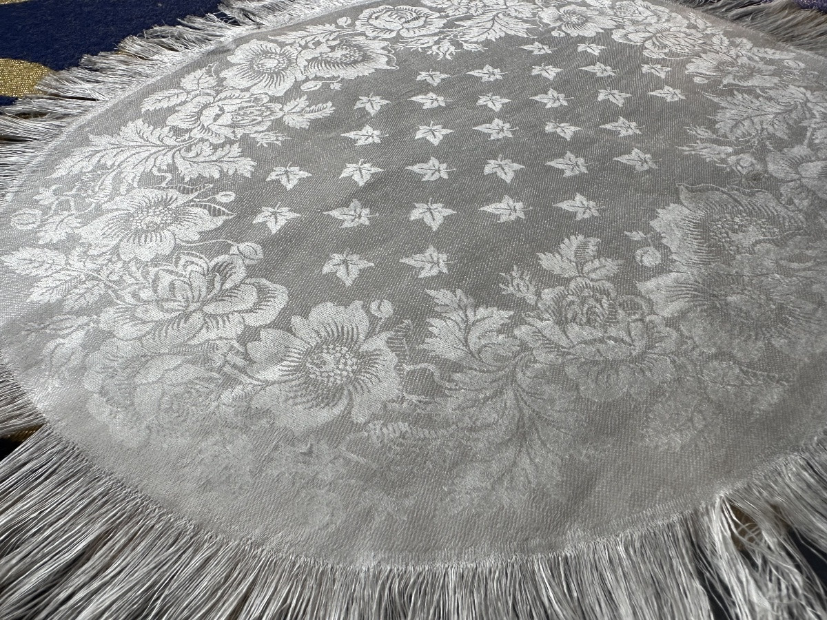 11 serviettes anciennes ovale damas lin & soie, floral, franges,fin XIXe,29x37 broderie offerte-photo-4