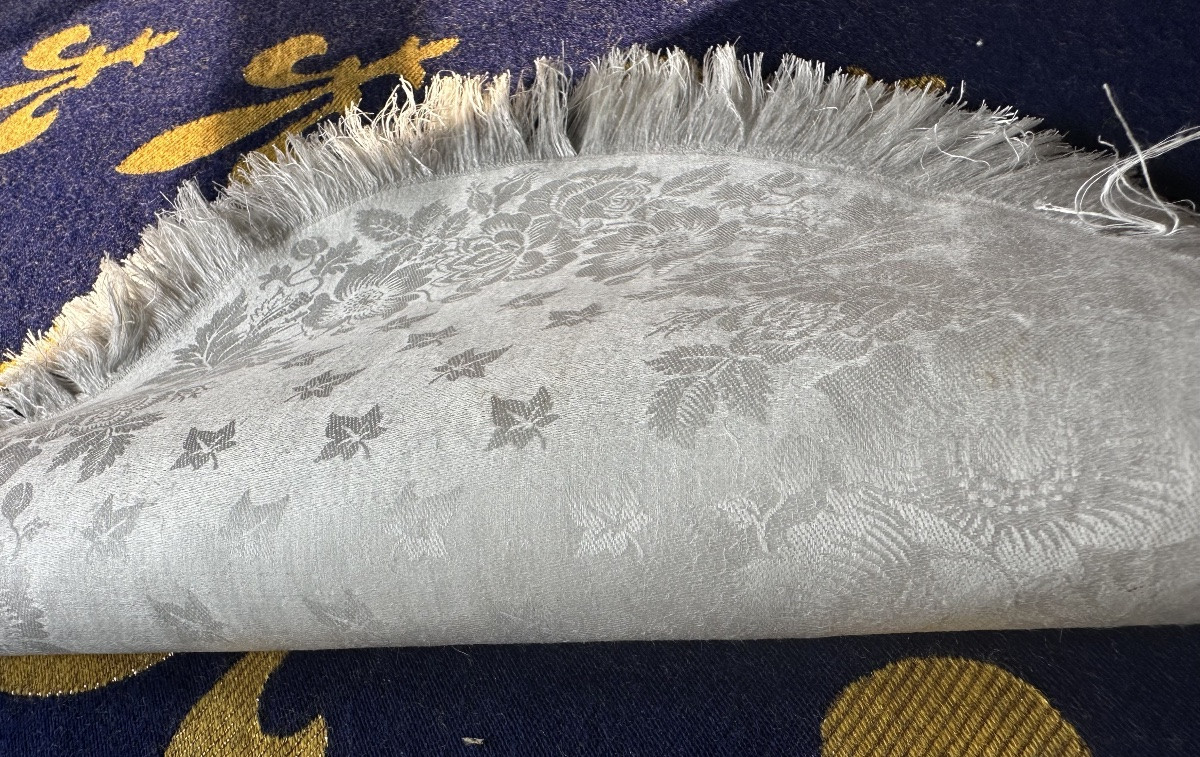 11 serviettes anciennes ovale damas lin & soie, floral, franges,fin XIXe,29x37 broderie offerte-photo-1