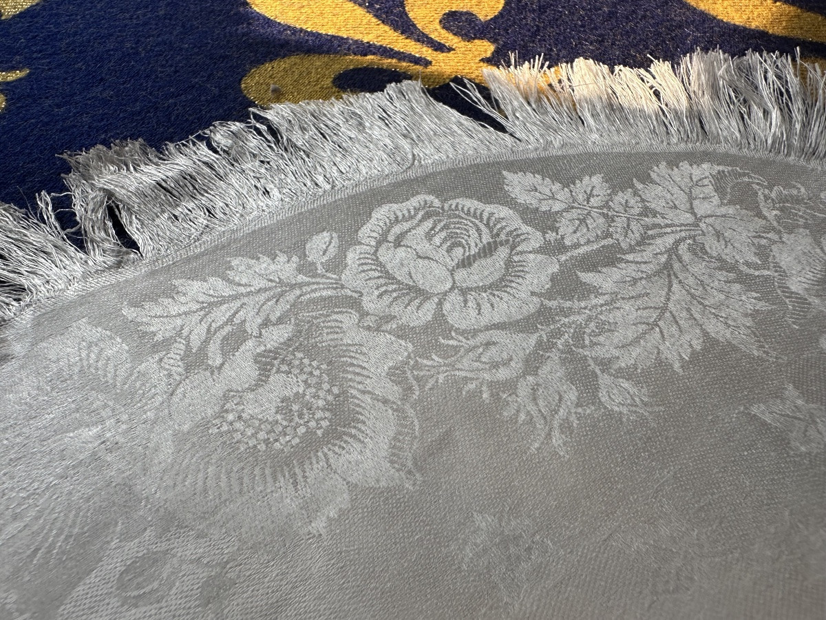 11 serviettes anciennes ovale damas lin & soie, floral, franges,fin XIXe,29x37 broderie offerte-photo-2