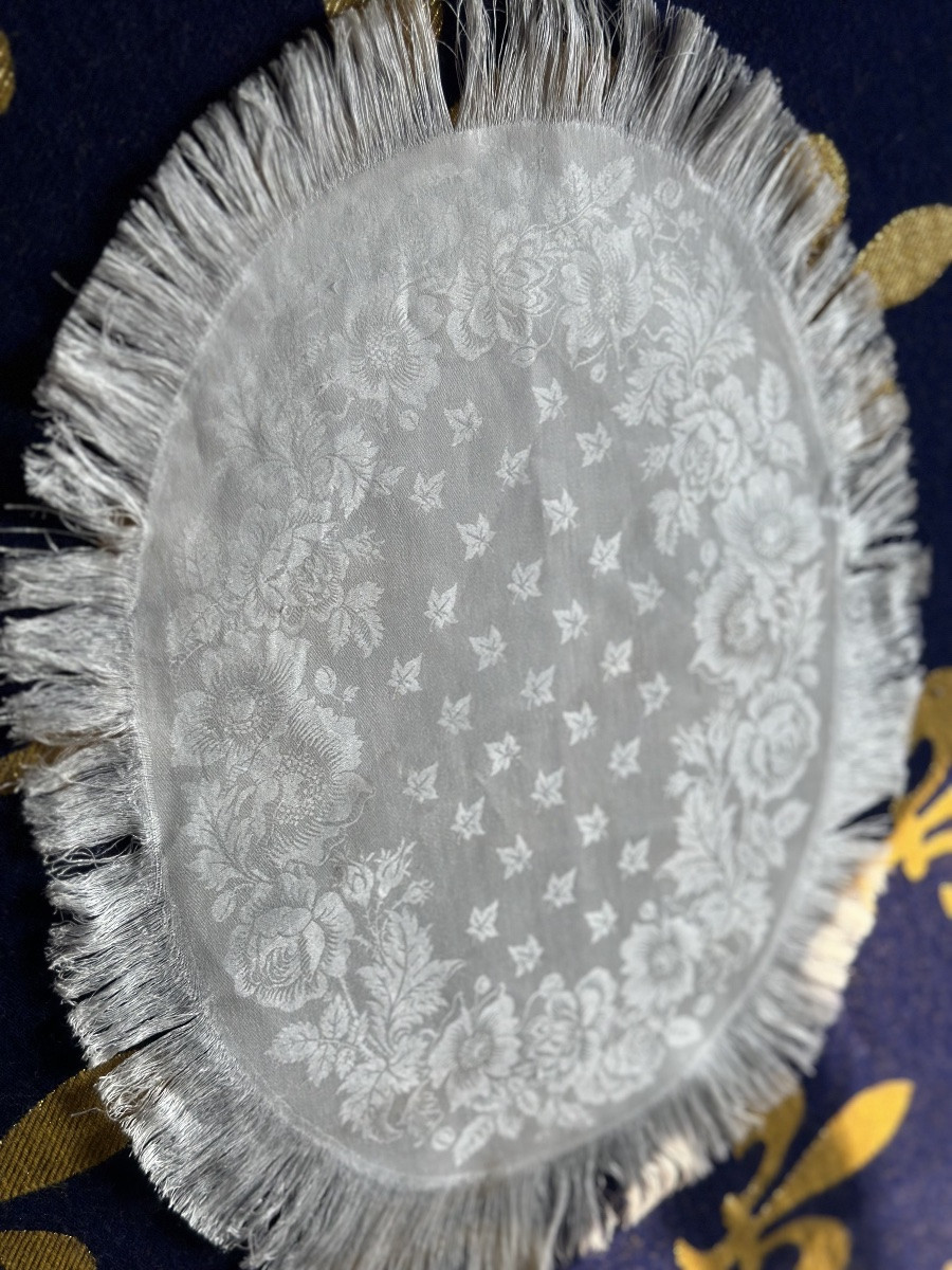 11 serviettes anciennes ovale damas lin & soie, floral, franges,fin XIXe,29x37 broderie offerte-photo-3
