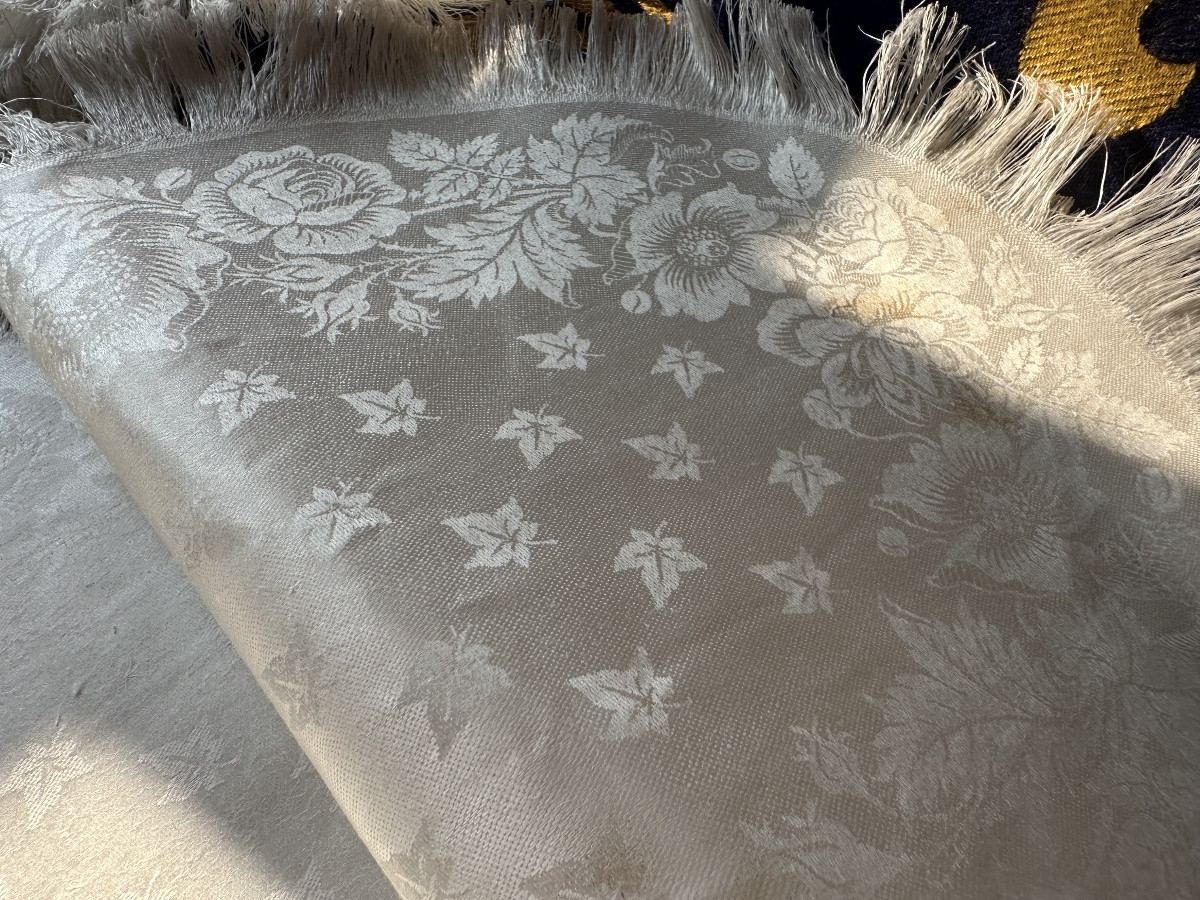 11 serviettes anciennes ovale damas lin & soie, floral, franges,fin XIXe,29x37 broderie offerte-photo-4