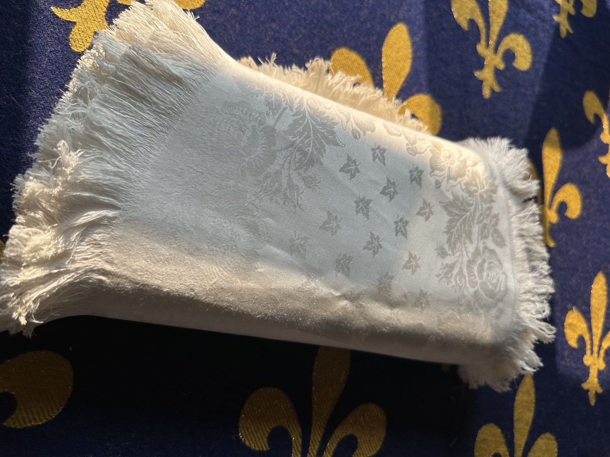 11 serviettes anciennes ovale damas lin & soie, floral, franges,fin XIXe,29x37 broderie offerte-photo-5