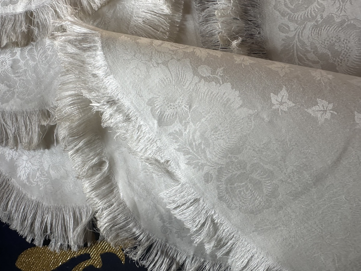 11 serviettes anciennes ovale damas lin & soie, floral, franges,fin XIXe,29x37 broderie offerte-photo-6