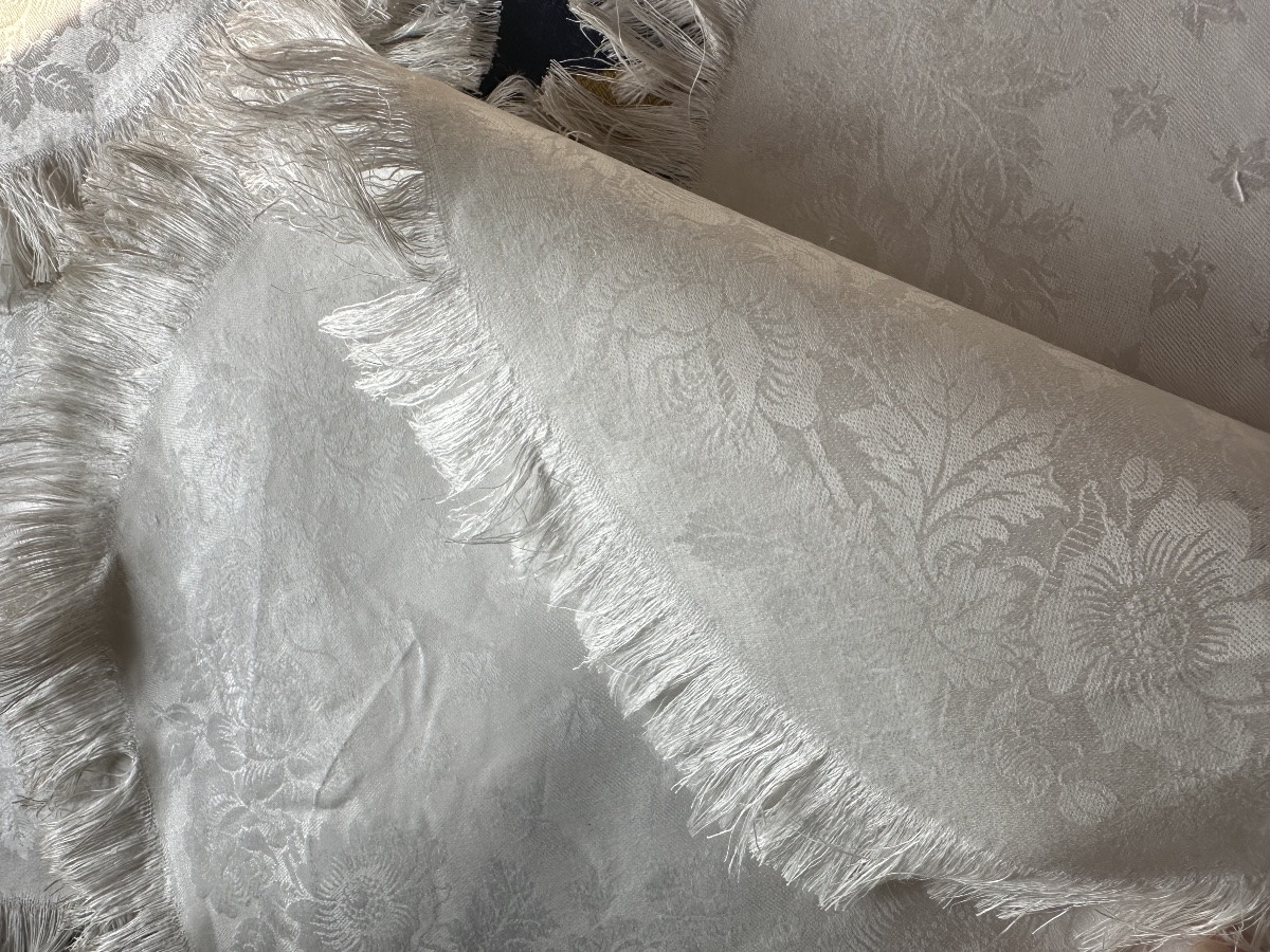 11 serviettes anciennes ovale damas lin & soie, floral, franges,fin XIXe,29x37 broderie offerte-photo-7
