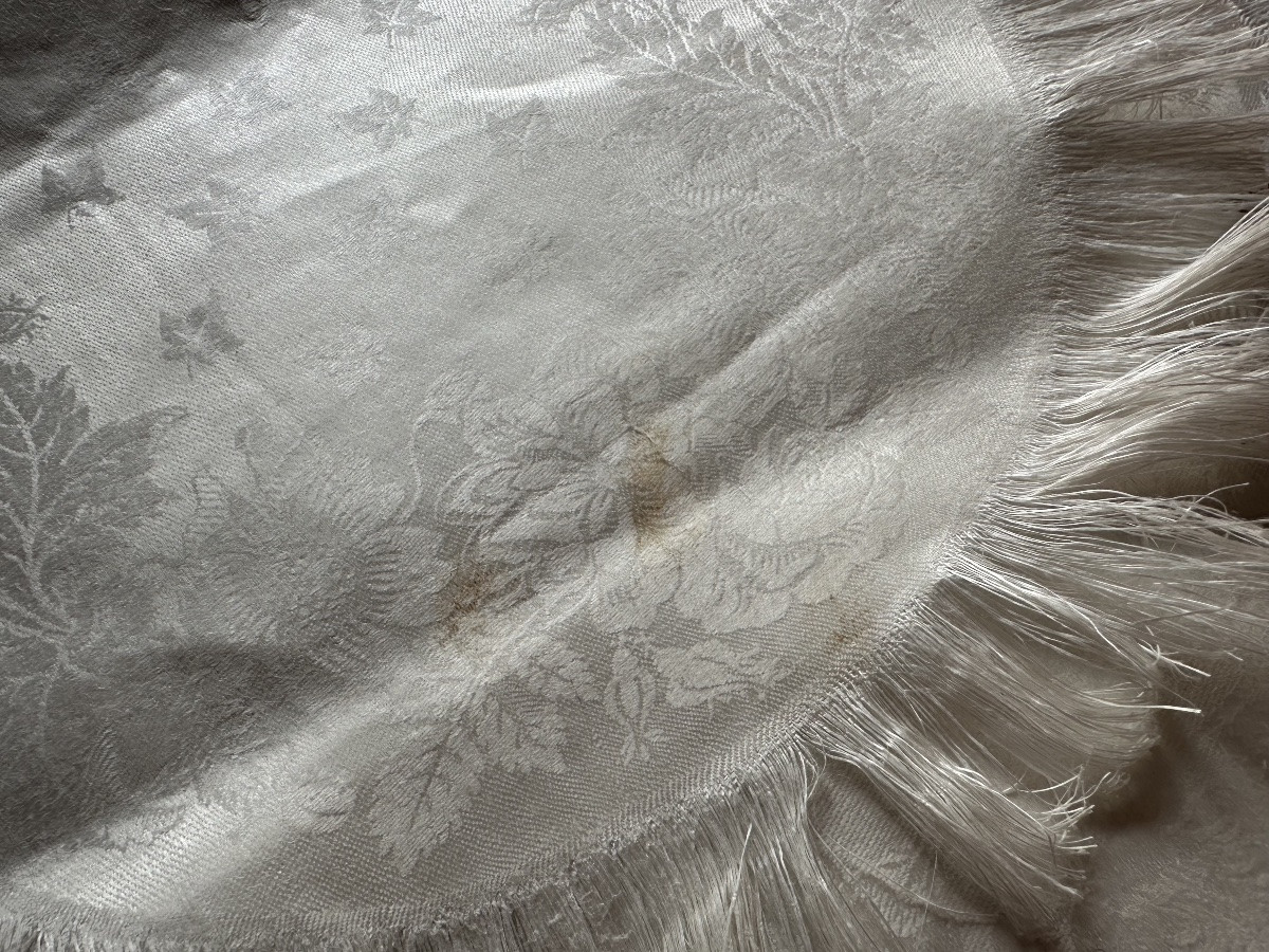 11 serviettes anciennes ovale damas lin & soie, floral, franges,fin XIXe,29x37 broderie offerte-photo-8