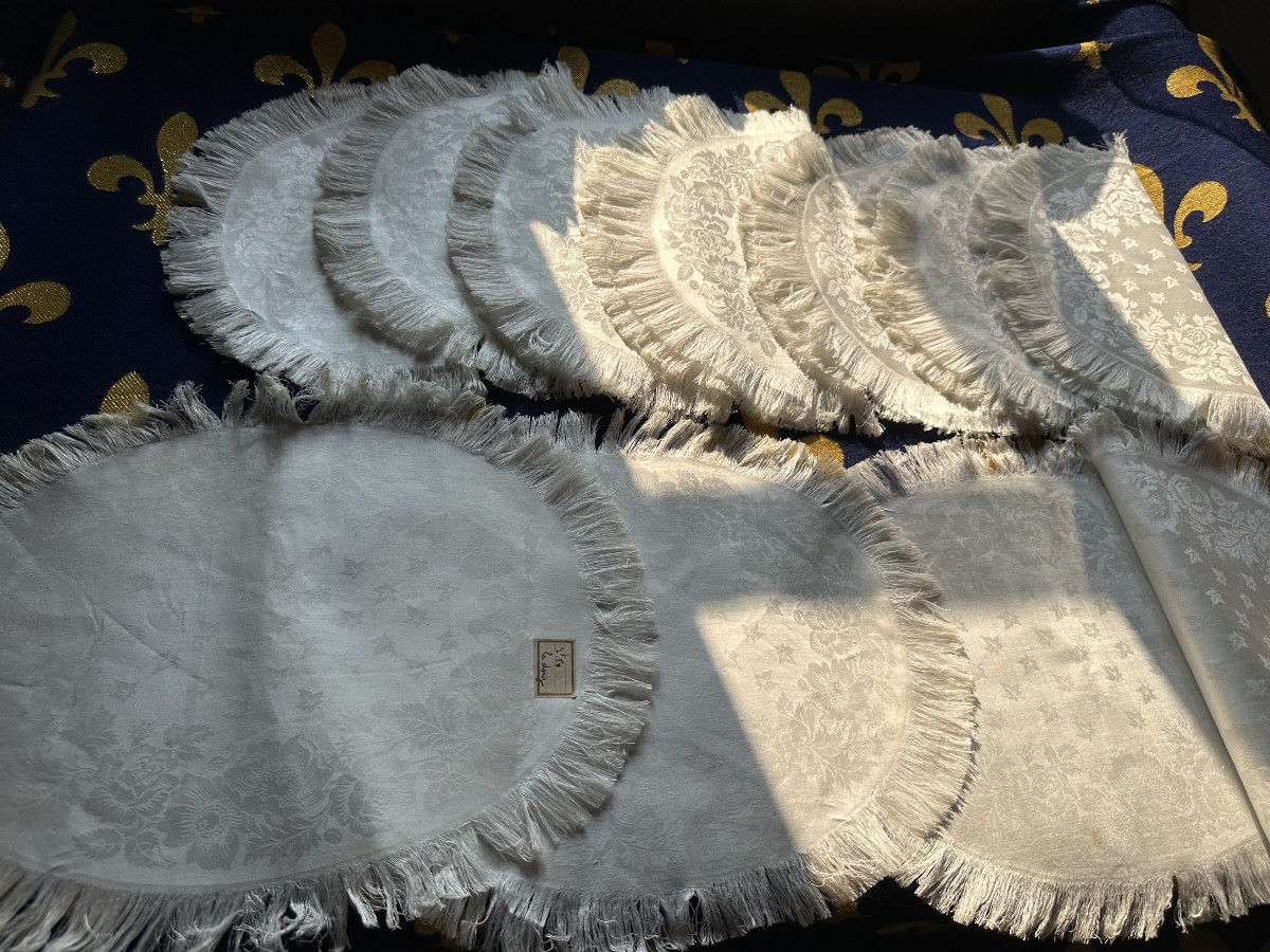 11 serviettes anciennes ovale damas lin & soie, floral, franges,fin XIXe,29x37 broderie offerte