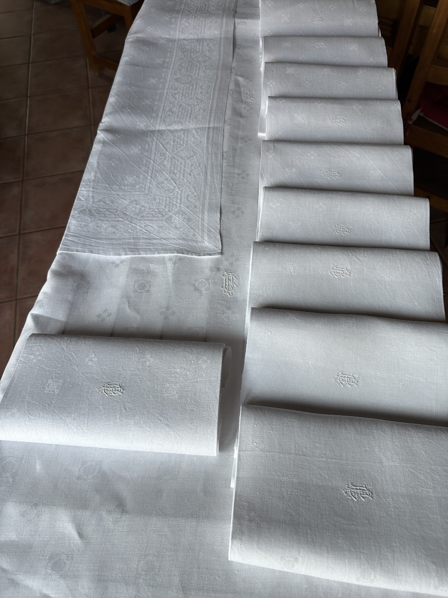 Service de réception ancien en damassé de lin, monogramme raffiné  PB, XIXe siècle-photo-1