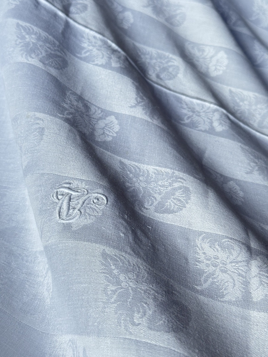 Large Antique Floral Damask Tablecloth, 19th Century – 4.10 M X 1.70 M Monogram -photo-2