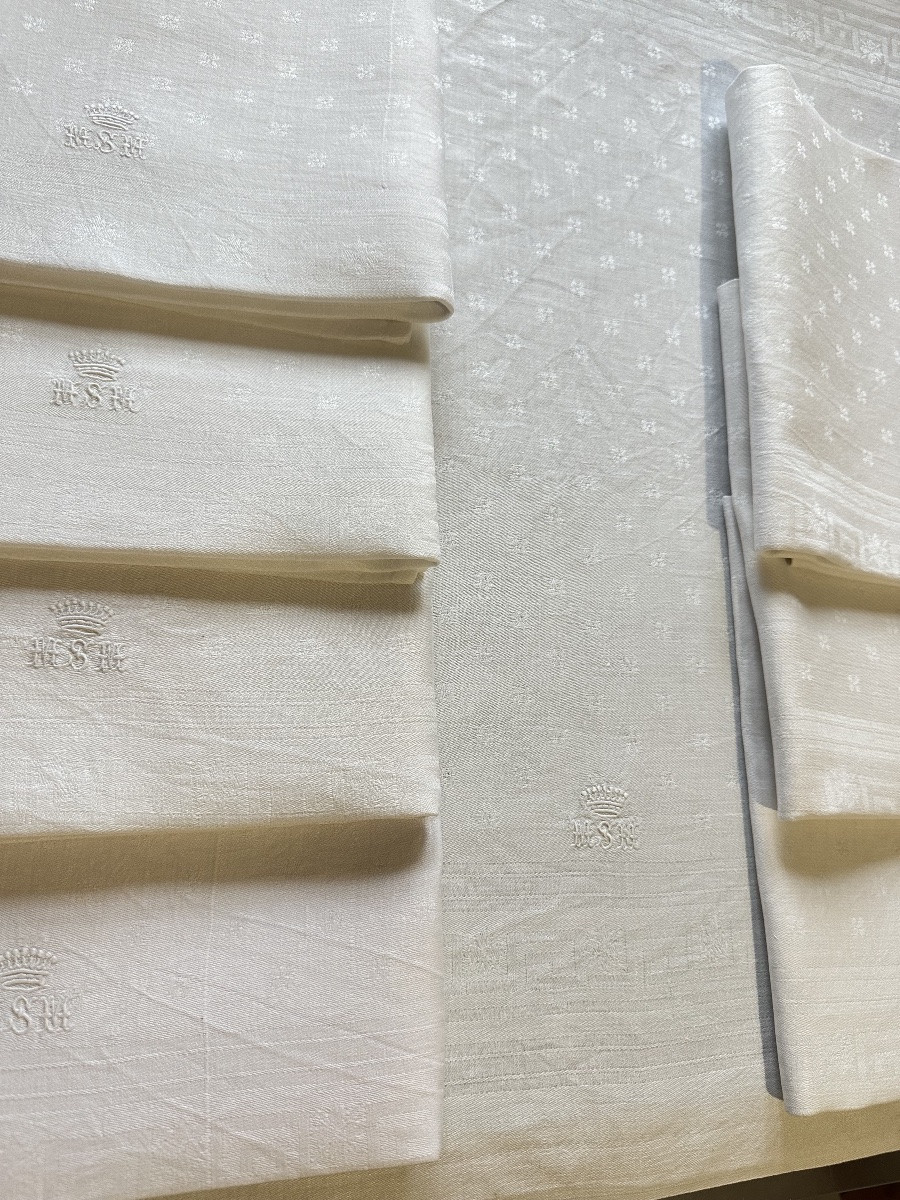 8 Antique Damask Linen Napkins, Crowned And Monogrammed Msm – 19th Century-photo-3