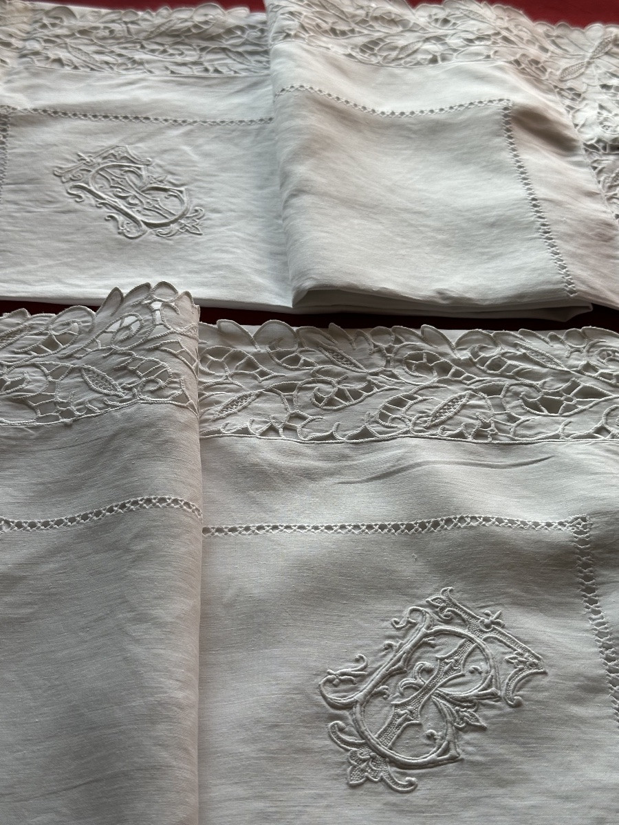 Antique – Pair Of Linen Thread Pillowcases, Richelieu Embroidery And Bt Monogram, 19th Century -photo-3