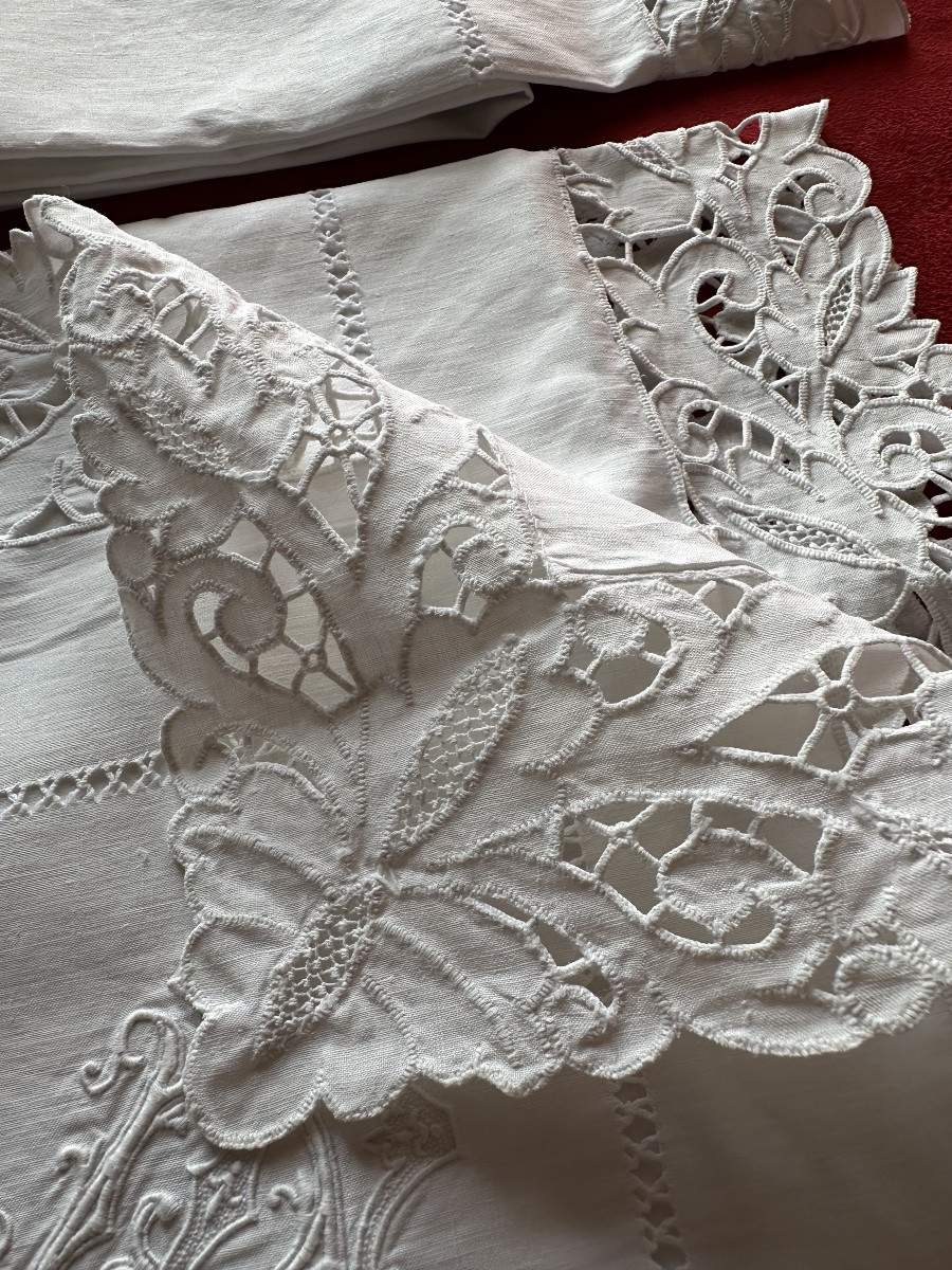 Antique – Pair Of Linen Thread Pillowcases, Richelieu Embroidery And Bt Monogram, 19th Century -photo-2