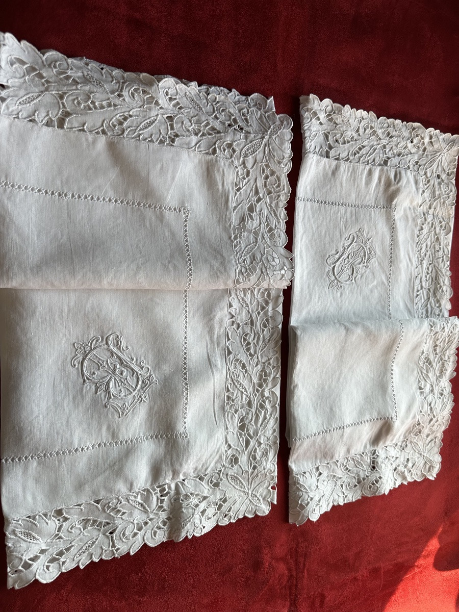 Antique – Pair Of Linen Thread Pillowcases, Richelieu Embroidery And Bt Monogram, 19th Century -photo-5