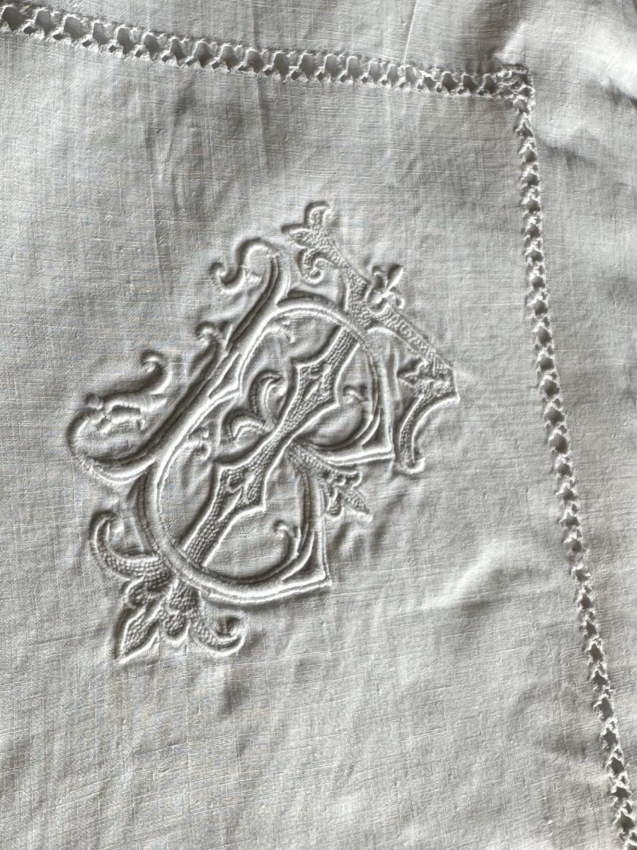 Antique – Pair Of Linen Thread Pillowcases, Richelieu Embroidery And Bt Monogram, 19th Century -photo-8