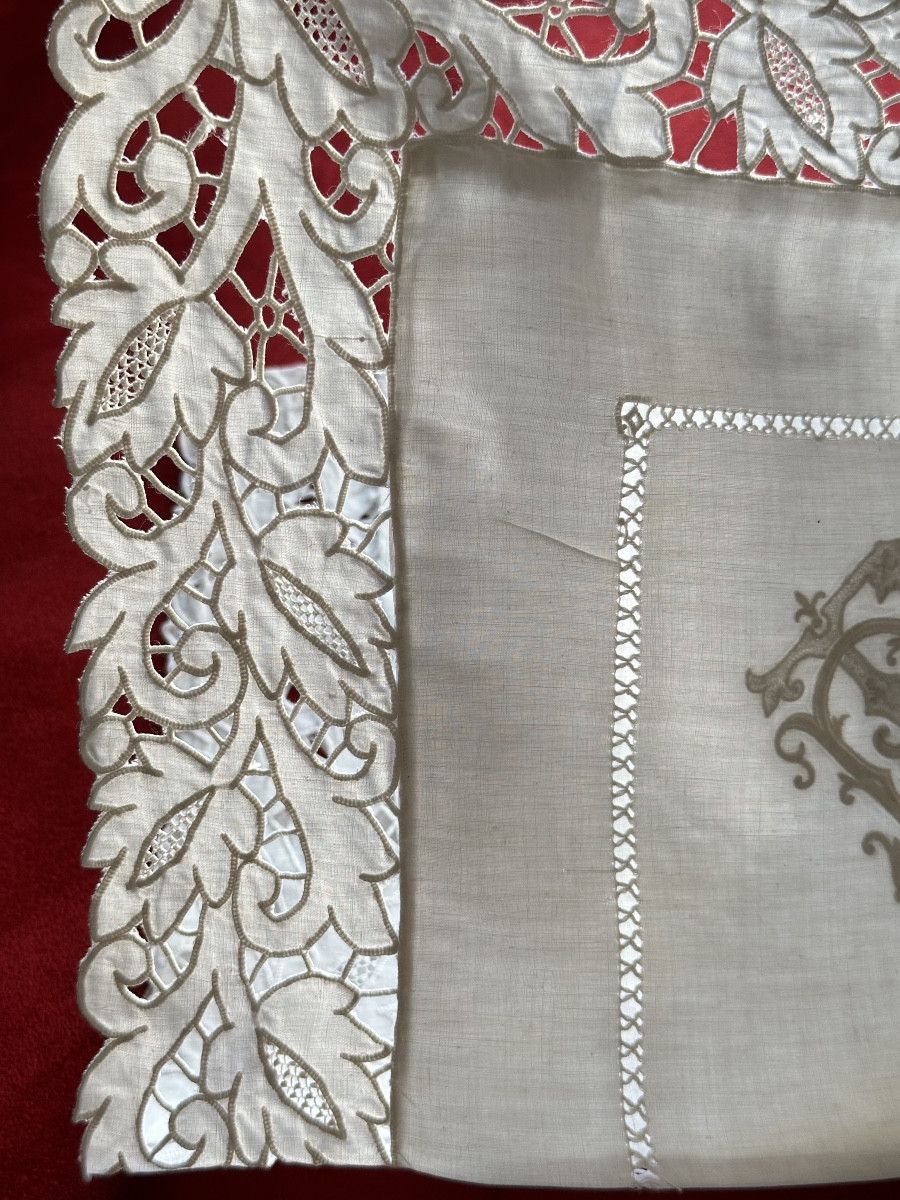 Antique – Pair Of Linen Thread Pillowcases, Richelieu Embroidery And Bt Monogram, 19th Century -photo-4
