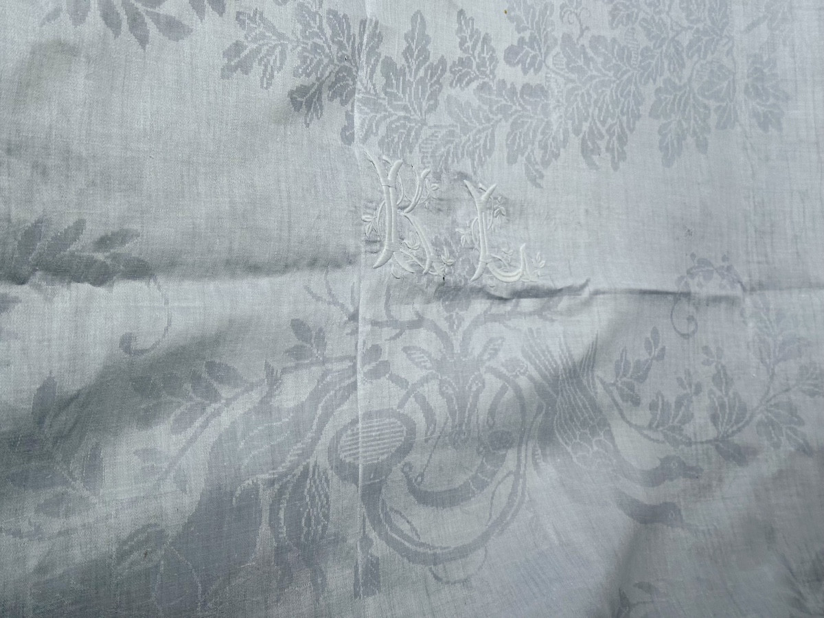 Antiquité nappe château ancienne fil lin et soie  Damassé chasse amazones XIXÈ broderie offerte-photo-4