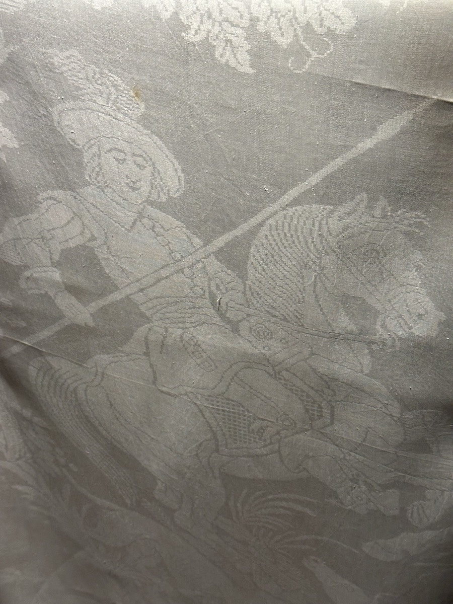 Antiquité nappe château ancienne fil lin et soie  Damassé chasse amazones XIXÈ broderie offerte-photo-3