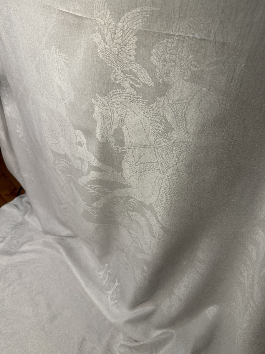 Antiquité nappe château ancienne fil lin et soie  Damassé chasse amazones XIXÈ broderie offerte-photo-8