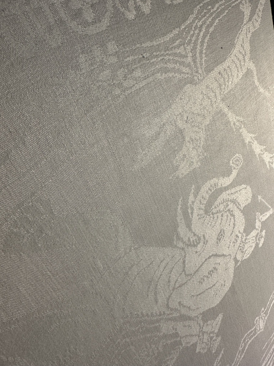 Large Antique Orientalist Damask Tablecloth With Elephants, Tigers, Exotic Hunting Monogram, 19th Century-photo-2