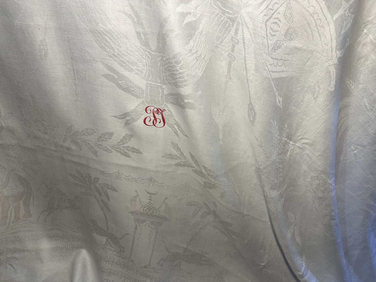 Large Antique Orientalist Damask Tablecloth With Elephants, Tigers, Exotic Hunting Monogram, 19th Century-photo-8