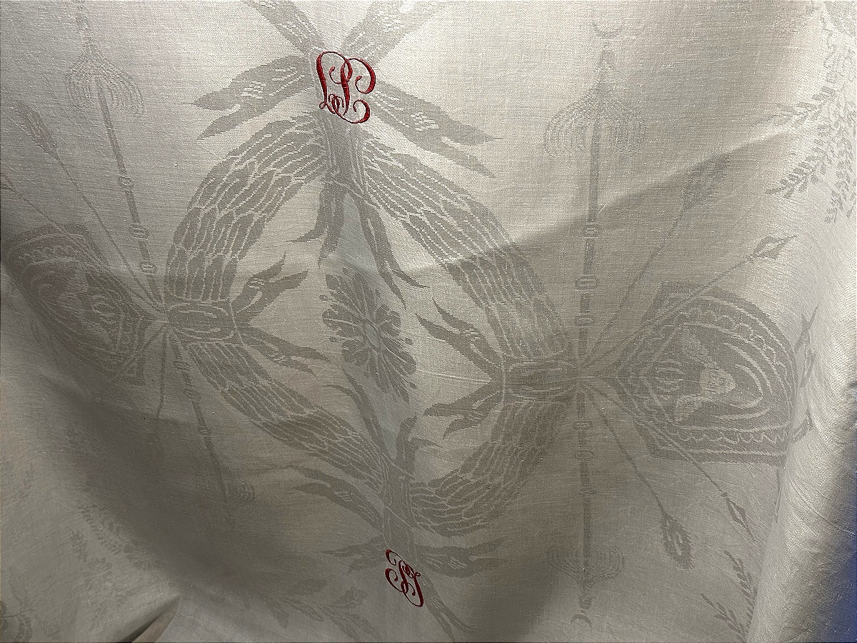 Large Antique Orientalist Damask Tablecloth With Elephants, Tigers, Exotic Hunting Monogram, 19th Century