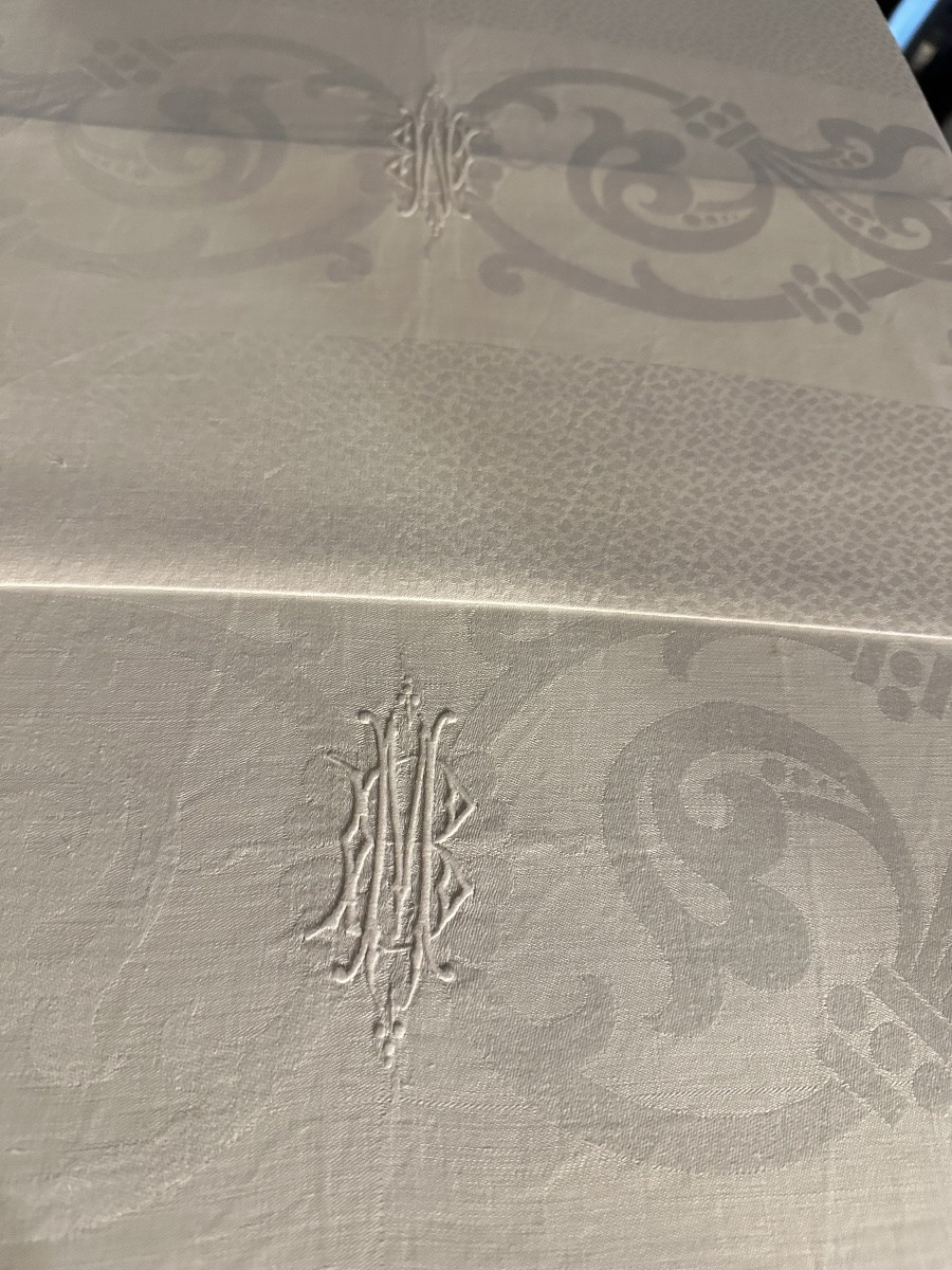 Antique Damask Tablecloth Hand Embroidered With Mb Monogram Linen Silk Thread Napoleon III Period 200x200-photo-4