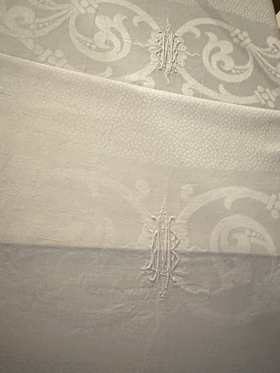 Antique Damask Tablecloth Hand Embroidered With Mb Monogram Linen Silk Thread Napoleon III Period 200x200-photo-5