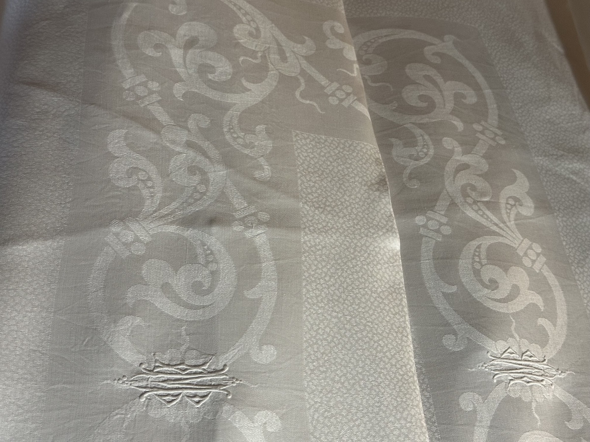 Antique Damask Tablecloth Hand Embroidered With Mb Monogram Linen Silk Thread Napoleon III Period 200x200