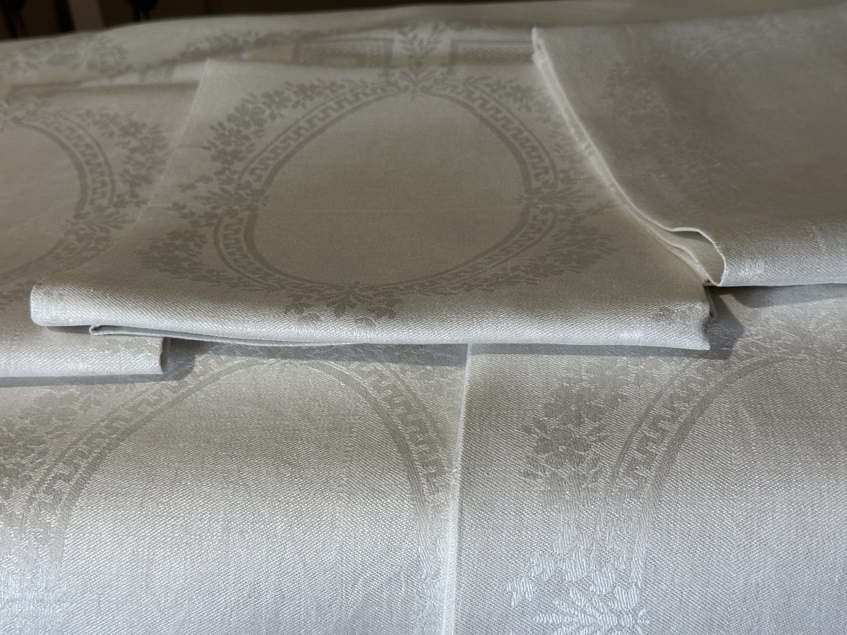 Lot De 12 Serviettes Damassées Anciennes - Coton Blanc, Fait Main