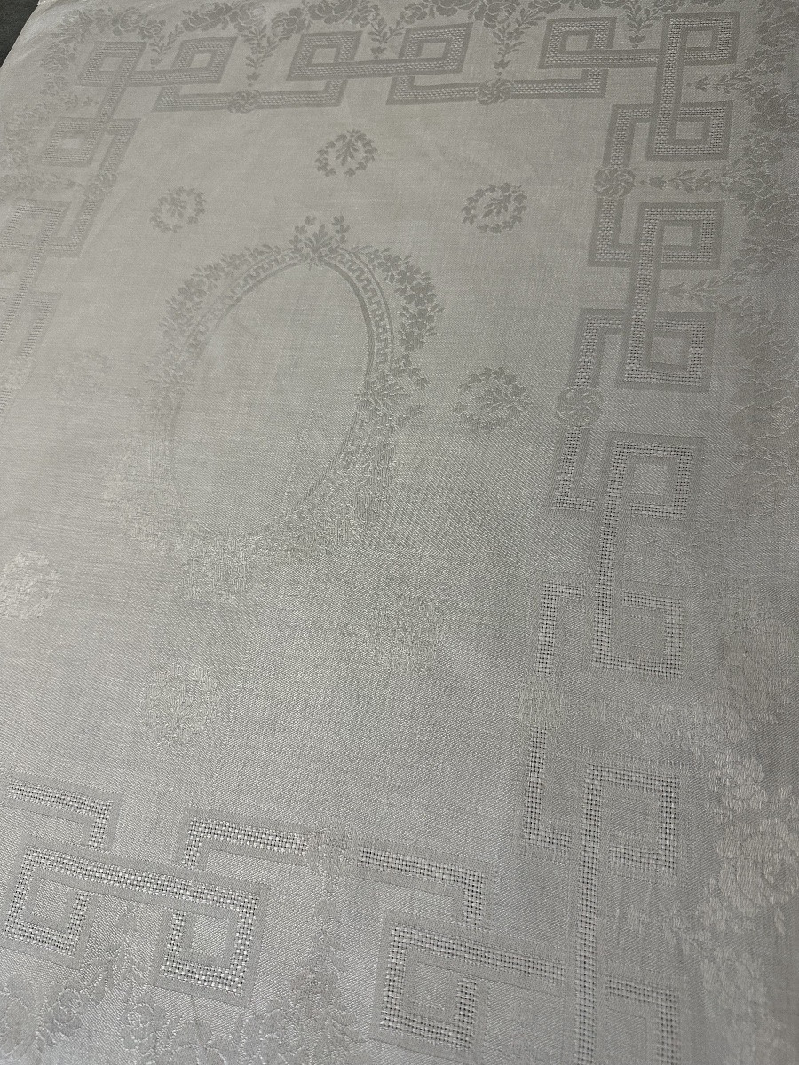 12 Serviettes anciennes damassées soie XIXᵉ siècle broderie d’armoiries  monogramme ancien-photo-4