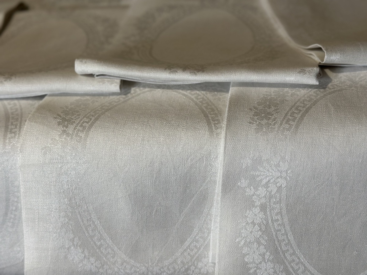 12 Serviettes anciennes damassées soie XIXᵉ siècle broderie d’armoiries  monogramme ancien-photo-2