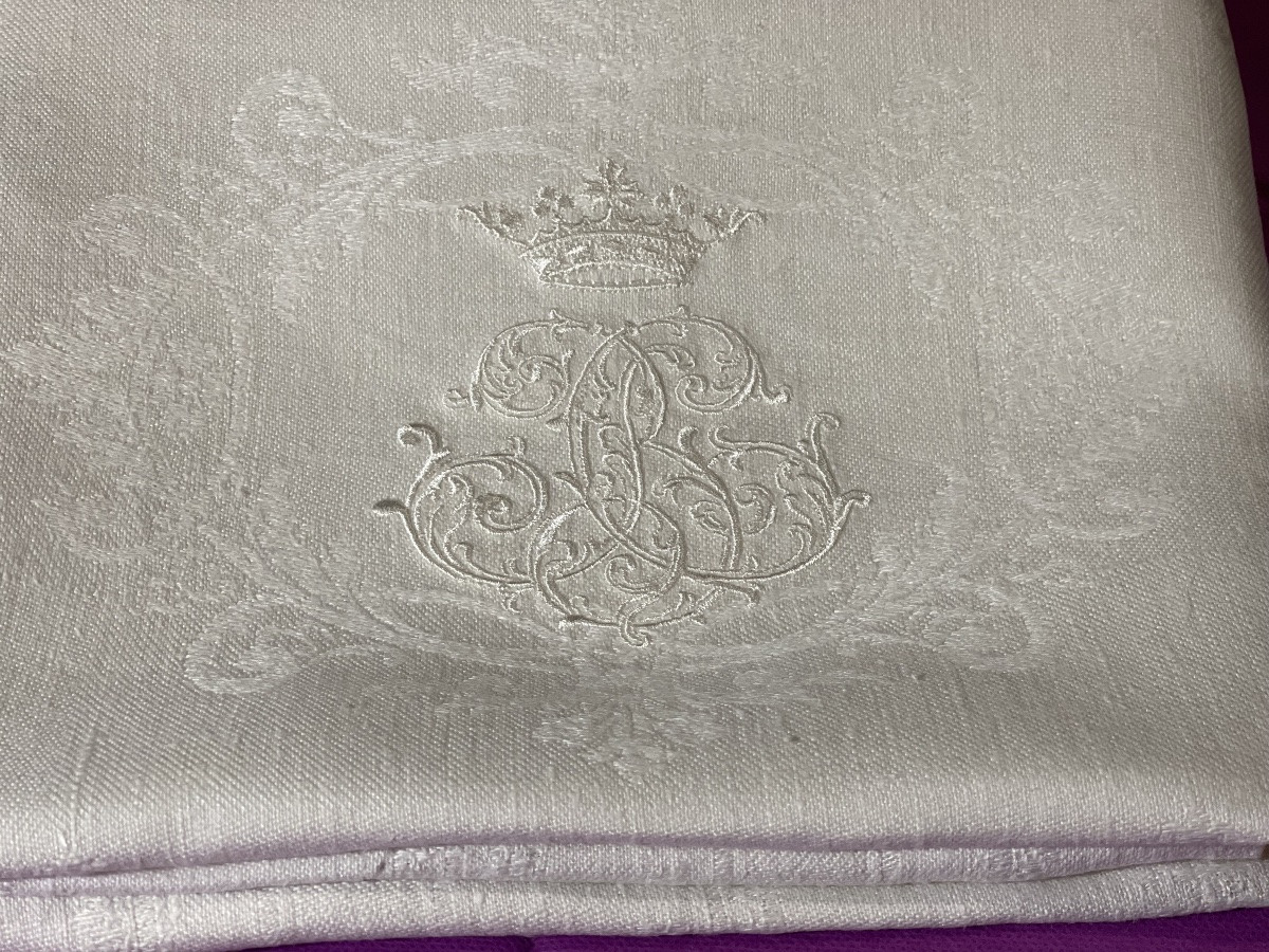 12 Serviettes anciennes damassées soie XIXᵉ siècle broderie d’armoiries  monogramme ancien-photo-6