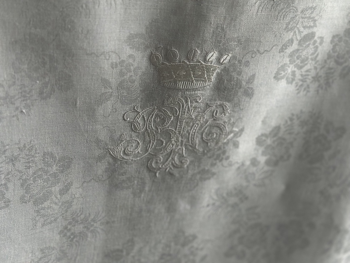 12 Serviettes anciennes damassées soie XIXᵉ siècle broderie d’armoiries  monogramme ancien-photo-7