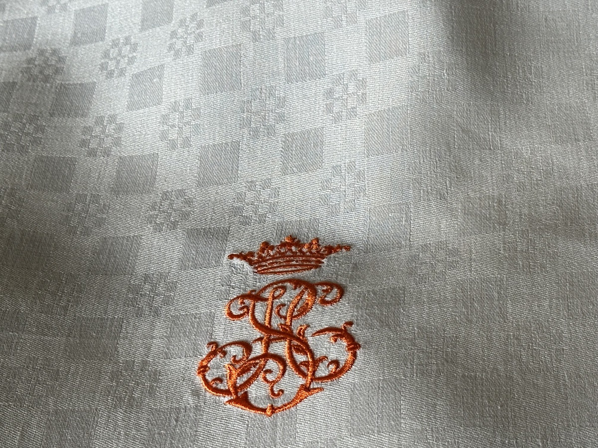 12 Serviettes anciennes damassées soie XIXᵉ siècle broderie d’armoiries  monogramme ancien-photo-8