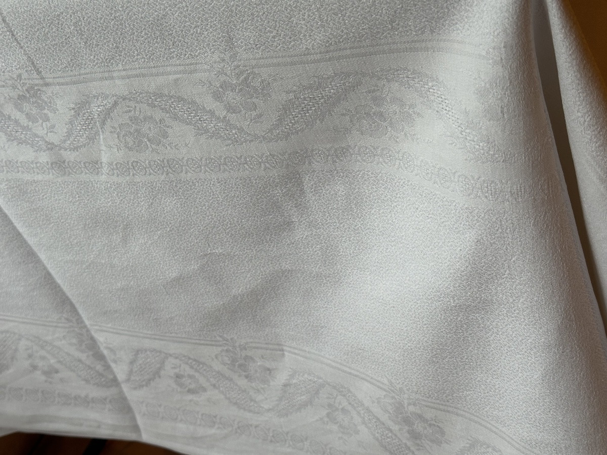 Large Antique Tablecloth In Pure Damask Linen, Flower Basket Motif, Lb Monogram, Belle époque -photo-2