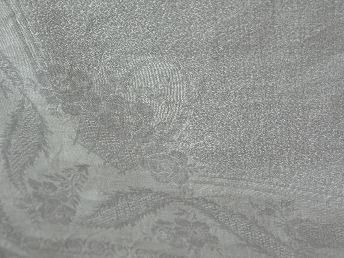 Large Antique Tablecloth In Pure Damask Linen, Flower Basket Motif, Lb Monogram, Belle époque -photo-3