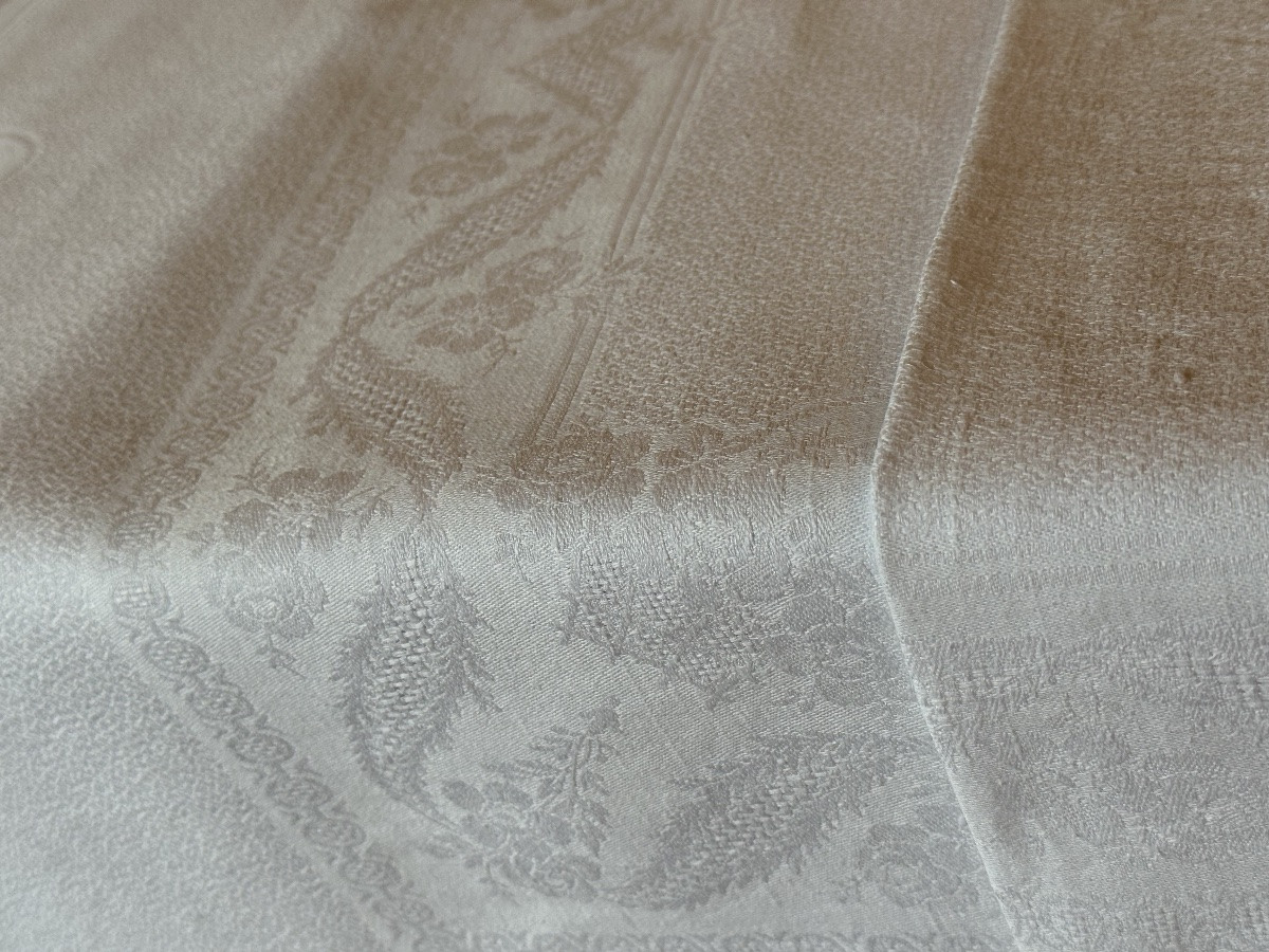 Large Antique Tablecloth In Pure Damask Linen, Flower Basket Motif, Lb Monogram, Belle époque -photo-1