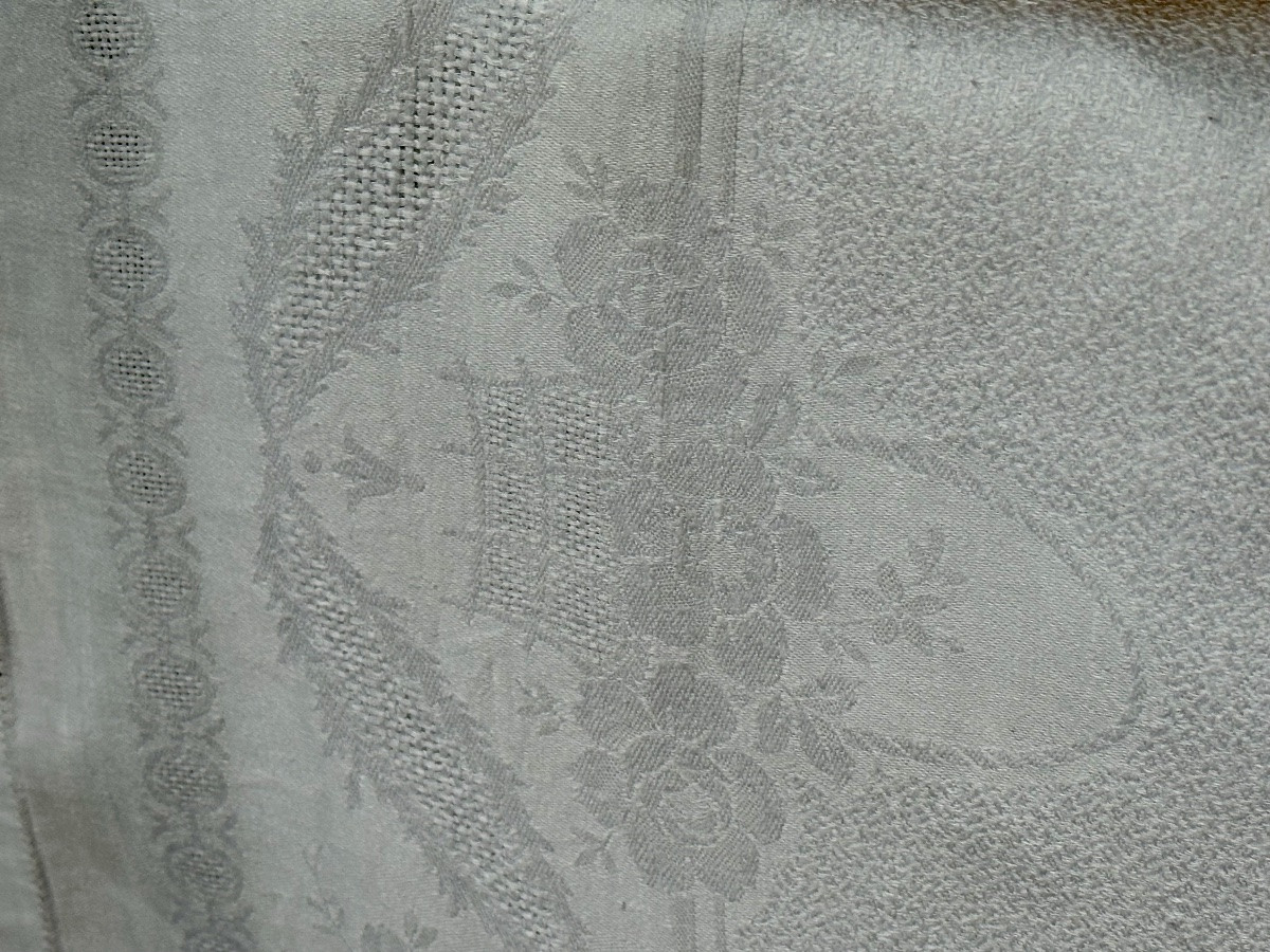Large Antique Tablecloth In Pure Damask Linen, Flower Basket Motif, Lb Monogram, Belle époque -photo-2