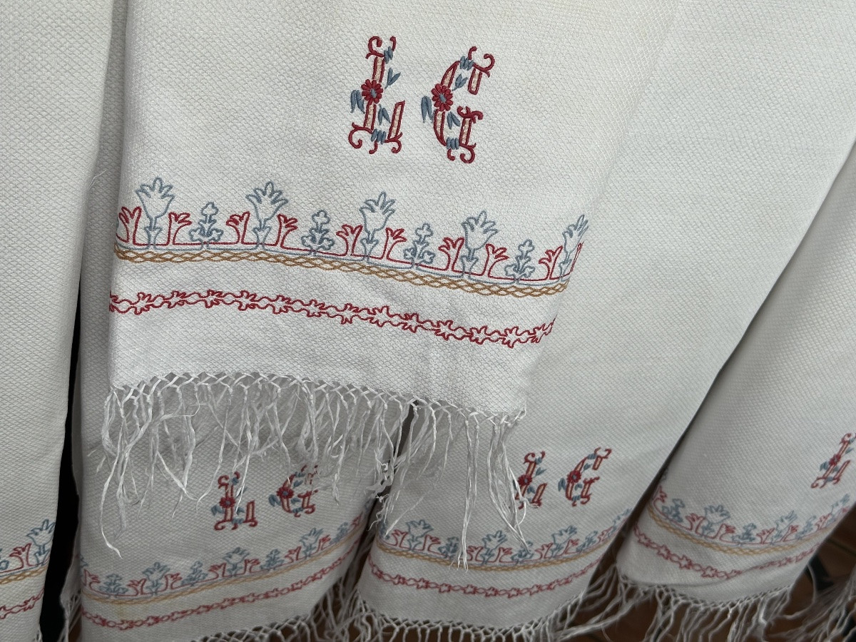 Six Antique Castle Napkins, Late 19th Century, Hand-embroidered, 60x90, Fringes 10 Cm-photo-2