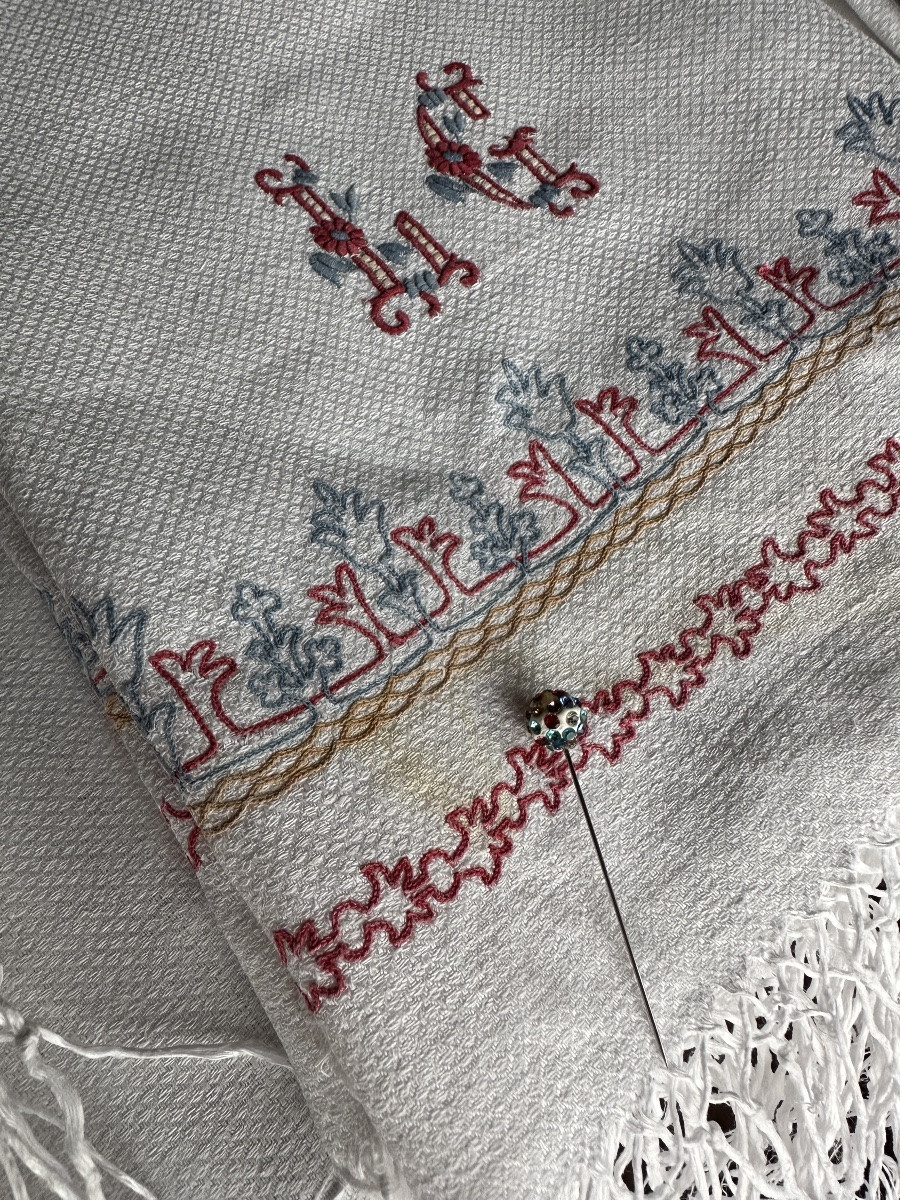 Six Antique Castle Napkins, Late 19th Century, Hand-embroidered, 60x90, Fringes 10 Cm-photo-3